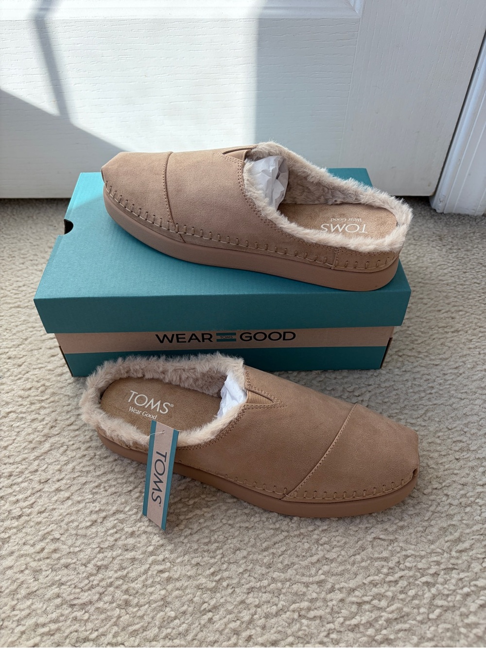 Brand New Women’s Toms Alpargata Ease Mule Mid Taupe Microsuede/Faux Fur